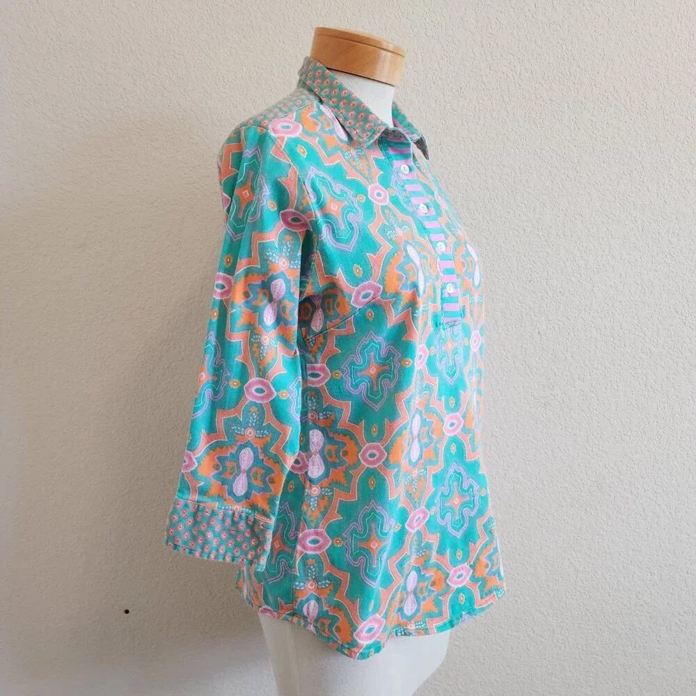 Gretchen Scott Bright Mixed Print Partial Button Front 3/4 Sleeve Popover Top L - Picture 4 of 9